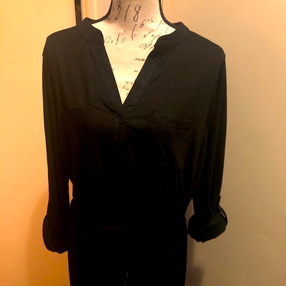 Black midi dress half-button long-sleeve NWOT